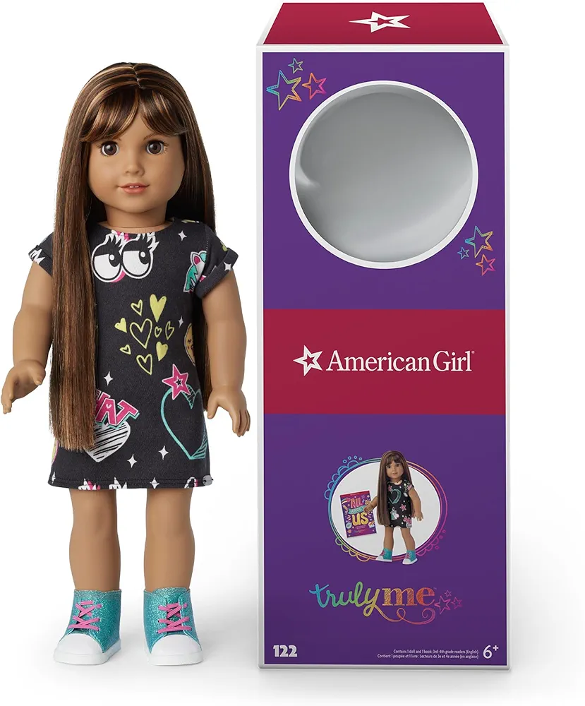 American Girl Truly Me 18-inch Doll #122 with Brown Eyes, Dark-Brown Hair w/Highlights, Tan Skin, T-shirt Dress, For Ages 6+