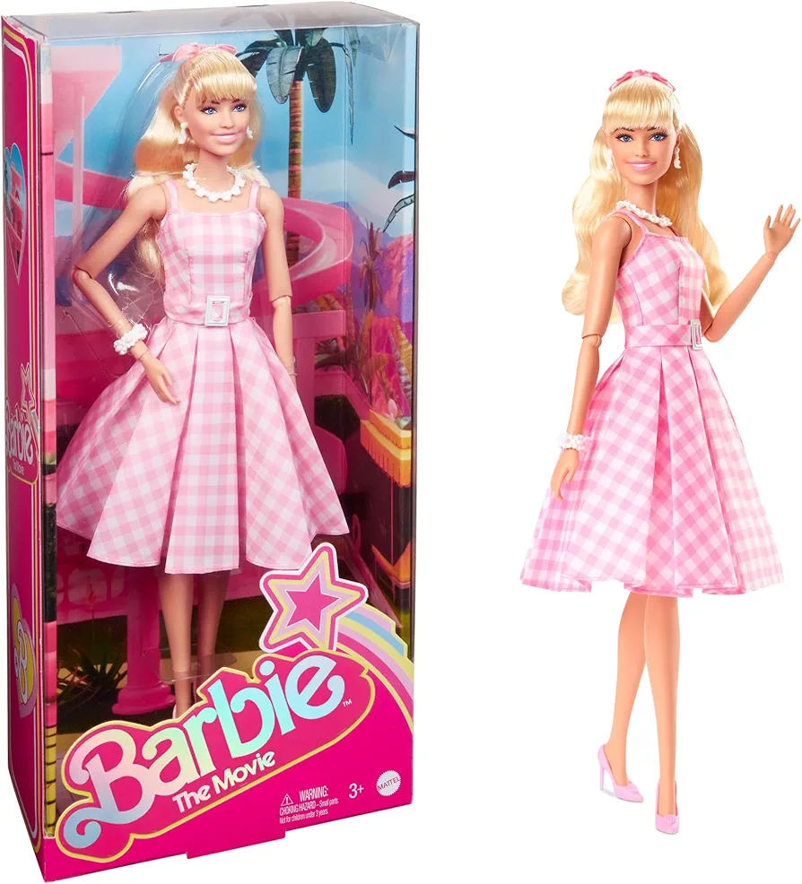 Barbie The Movie Doll, Margot Robbie as, Collectible Doll Wearing Pink & White Gingham Dress with Daisy Chain Necklace