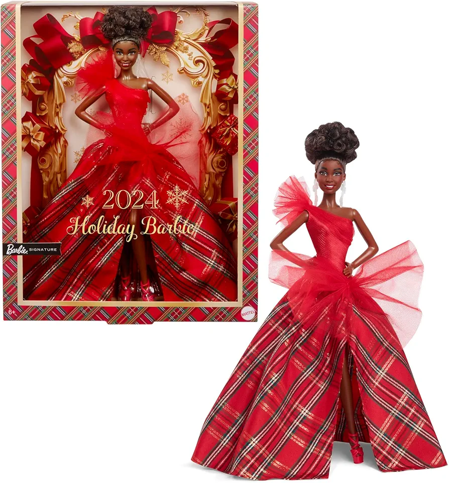 Barbie Signature Doll, 2024 Holiday Fashion Doll with Brown Hair Wearing Plaid Gown, Seasonal Collector Gift in Displayable Packaging