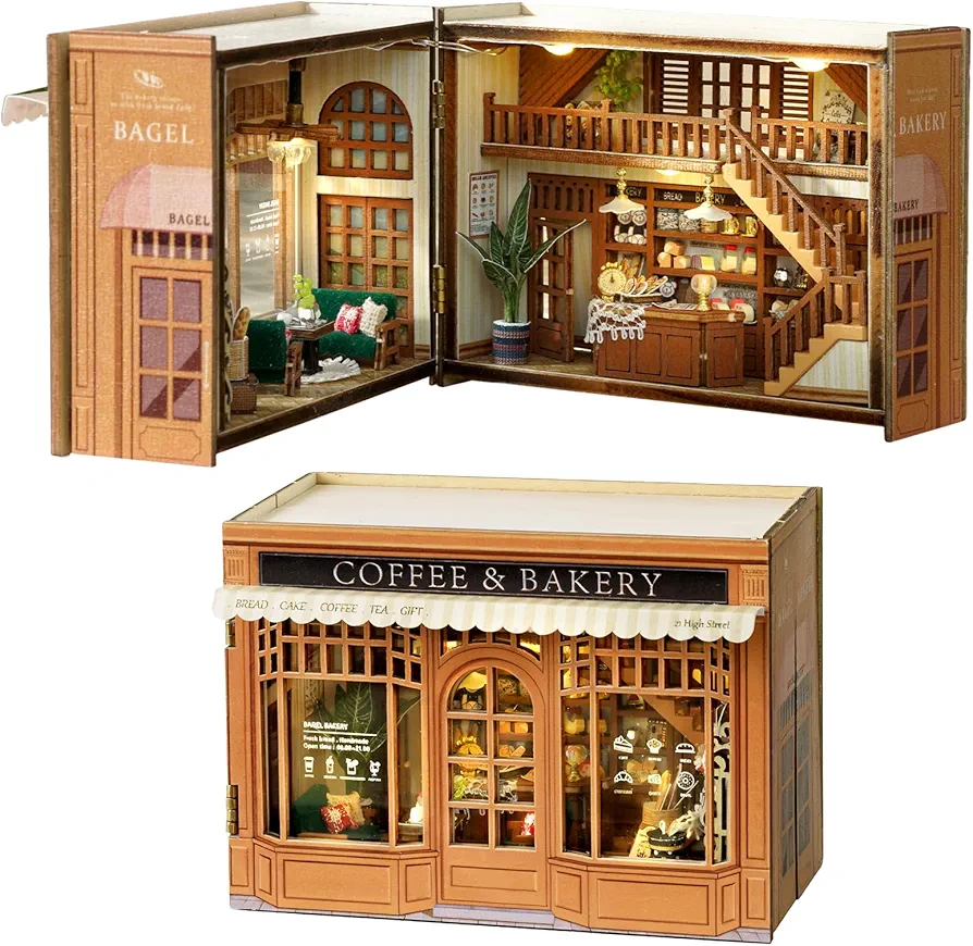 DIY Dollhouse Wooden Miniature Kit 1:100 Scale Doll House Kit, Mini House Kit, Mini Handmade Wooden Dollhouse Toys for Adults and Teens (Bagel Time)