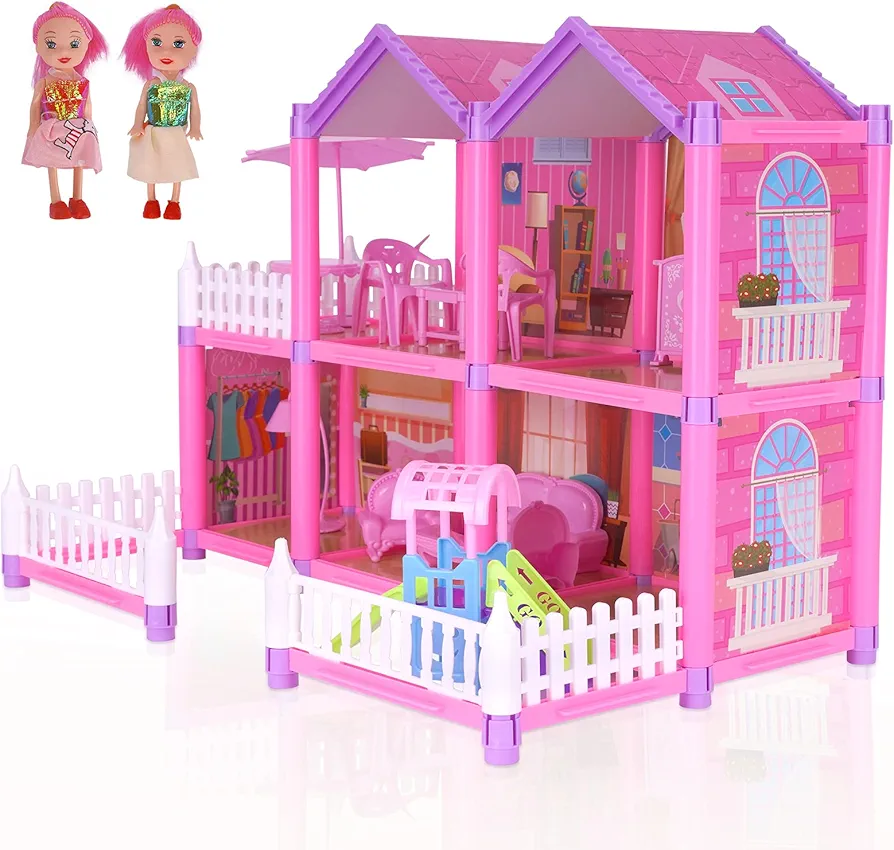 Dollhouse Toy House with Accessories and Furniture, Kids Dollhouses for Girls DIY Doll House Kits with 126 Little Pieces,Dreamhouse Gift for 3 4 5 6 Years Old Toddler Girls (5 Rooms and 1 Balcony)