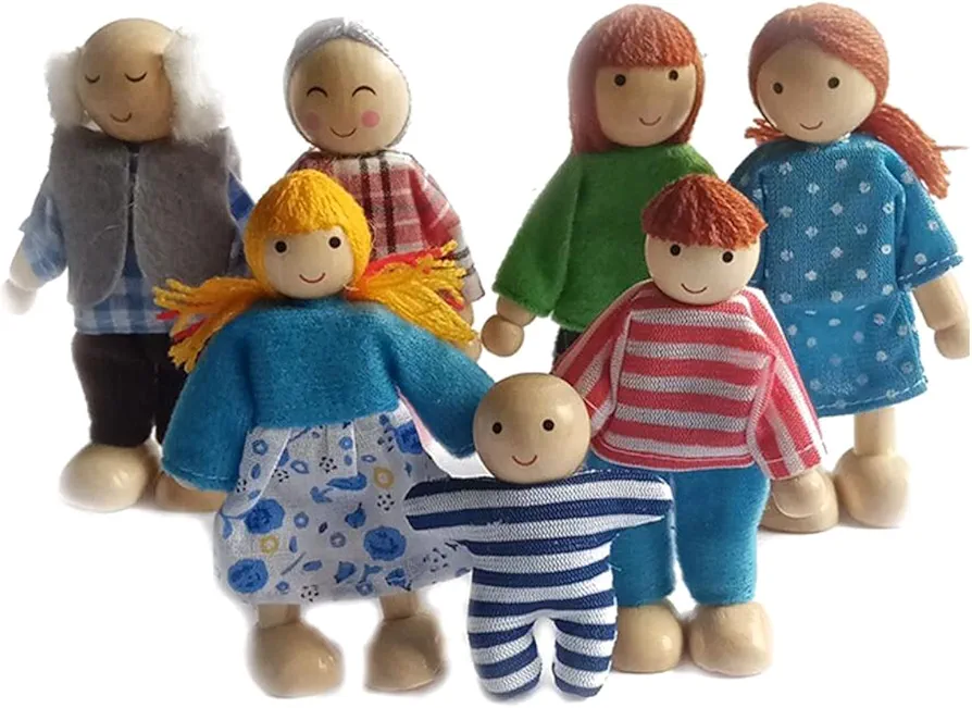 7 Pack Wooden Doll House Family Dollhouse Dolls Family Pretend Play Figures, Family Role Play Pretend Play Mini People Figures (Stripe People)