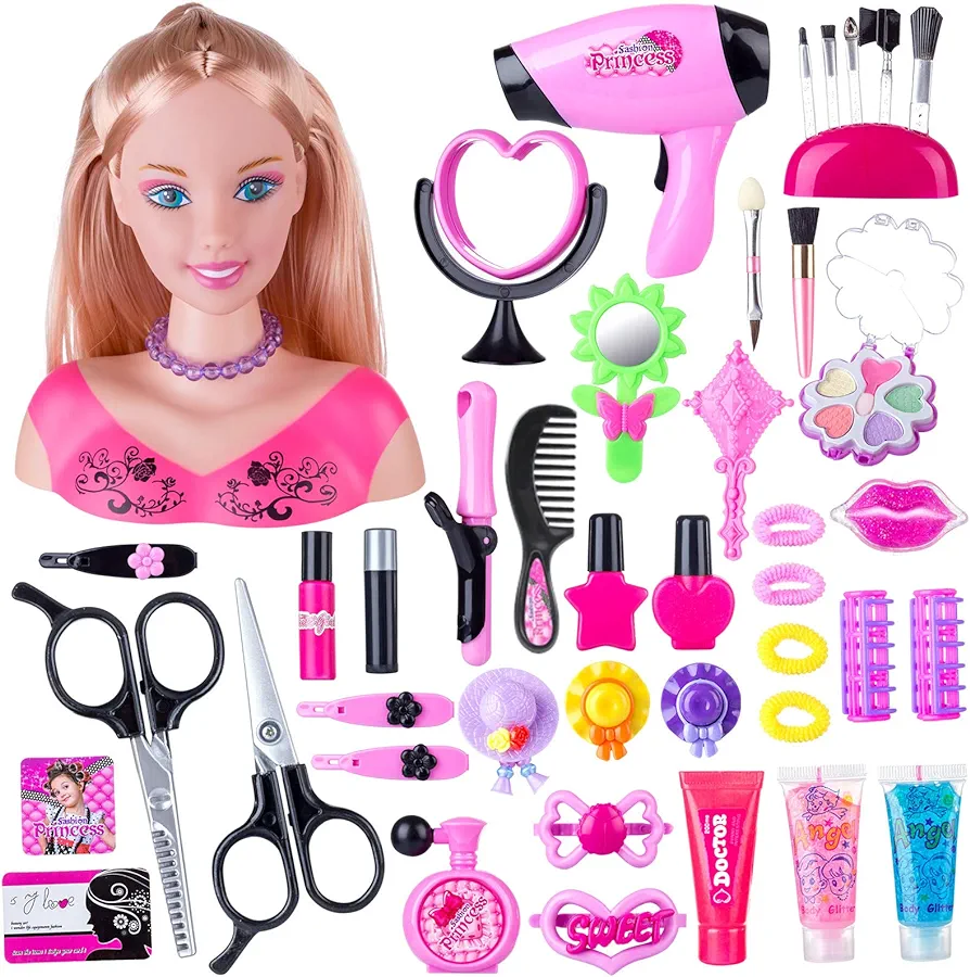 Kids Doll Head for Hair Styling and Make Up for Little Girls,Head Styling Doll with Hair Makeup Practice, Hair Styling Doll Makeup Toys for Kids with Hair Dryer, Accessories (Pink)