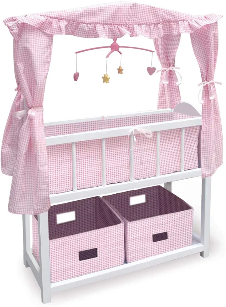 Badger Basket Toy Doll Bed with Storage Baskets, Gingham Bedding, and Musical Mobile for 22 inch Dolls - White/Pink