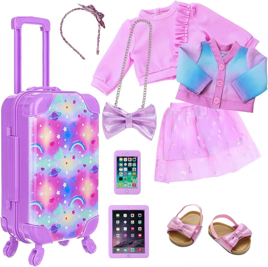 18 Inch Girl Doll Accessories Suitcase Travel Luggage Set with Carrier Storage,Clothes, Skirt,Shoes,Cross-Body Bag,Hair Hoop,Cellphone,Panel Computer(No Doll)