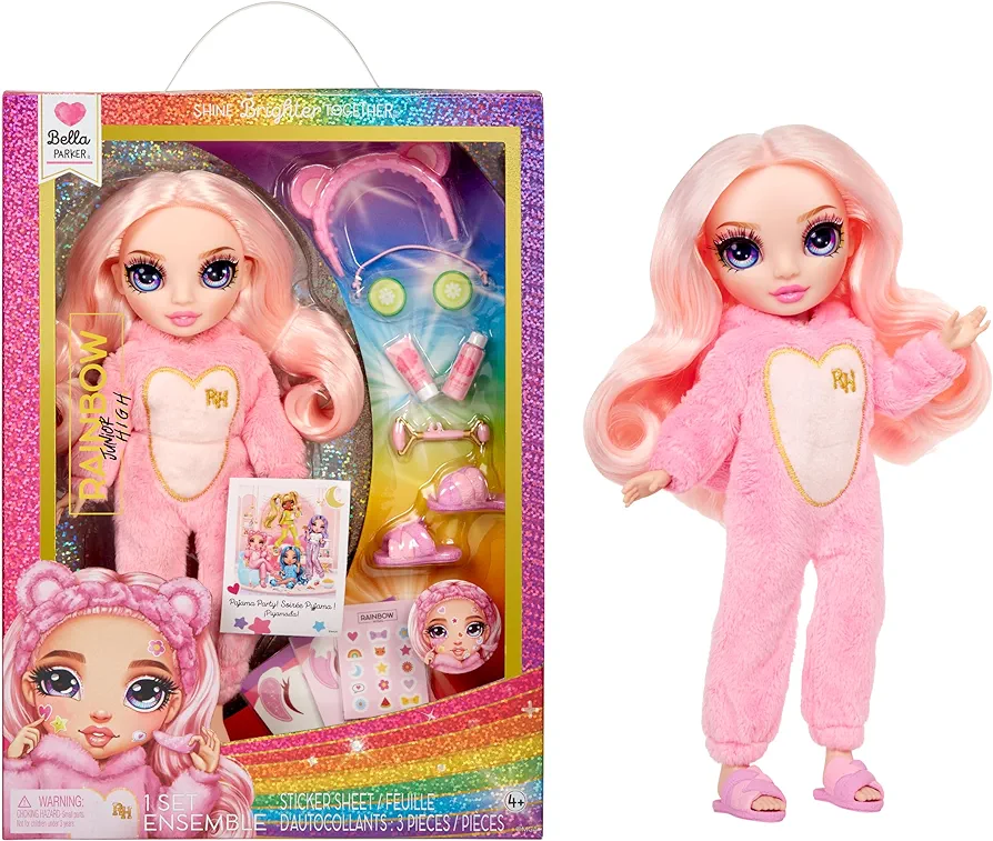 Rainbow High Jr High PJ Party - Bella, Pink 9" Posable Fashion Doll with Soft Onesie, Slippers, Fun Play Accessories, Great Toy Gift for Girls Kids Ages 4-12 Years