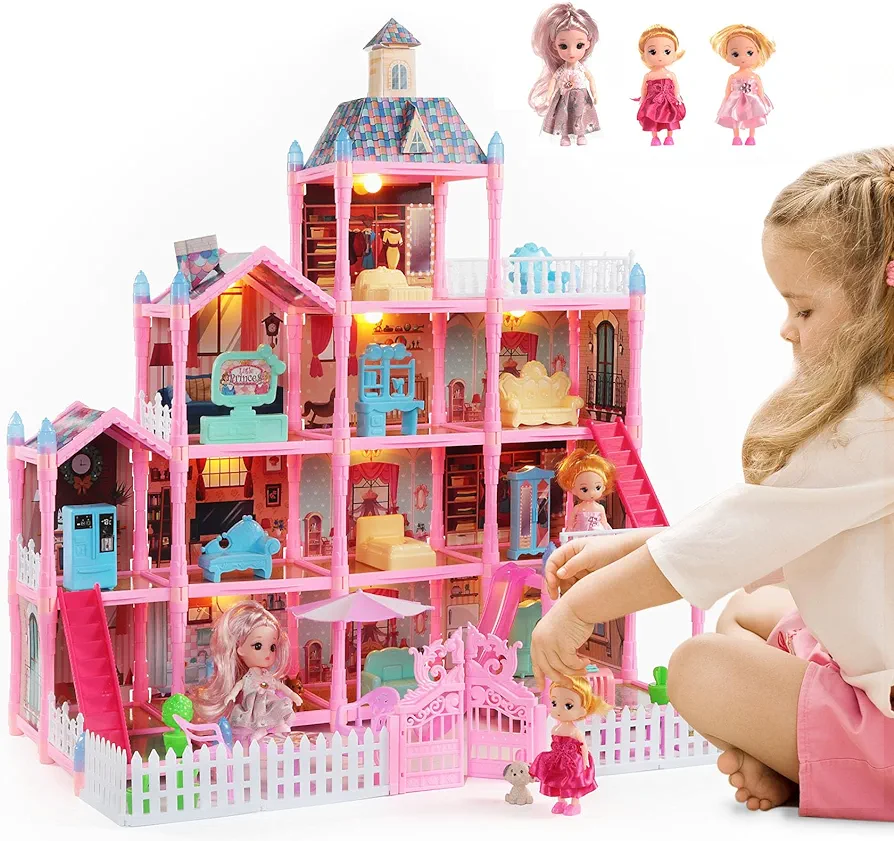 Doll House, Girls Theme Dream House with Gorgeous Lighting, 3 Dolls, 4 Floors -13 Rooms, 7 Sets of Furniture and Accessories, Design and Build Gift, Ages 3 and Up