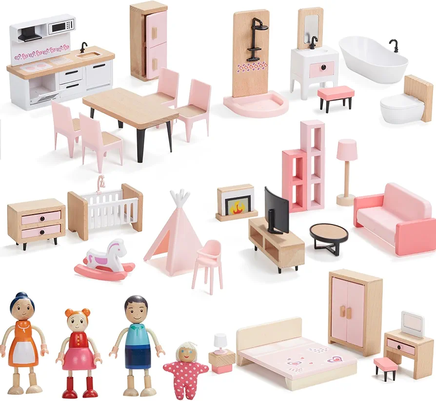 Giant bean 36pcs Wooden Dollhouse Furniture Set with 4 Family Dolls, 5 Rooms Wood and Plastic Pink Dollhouse Accessories Pretend Play Furniture Toys for Boys Girls & Toddlers 3Y+