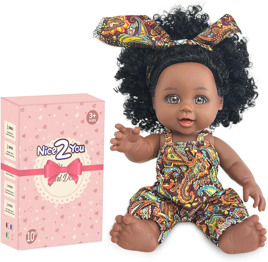 Nice2you Black Baby Doll, 10 inch American African Black Girl Doll with Dress, Realistic Reborn Baby Doll for Kids aged 2 3 4 5 6, Silicone Small Black Doll Toy with Curly Hair for Birthday