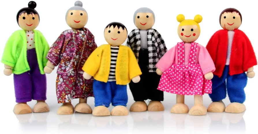 Wooden Dollhouse People, 6 Family Figures Miniature Doll House, Wooden Doll House Family Dress-up Characters Grandpa, Grandma, Mom, Dad, Boy and Girl