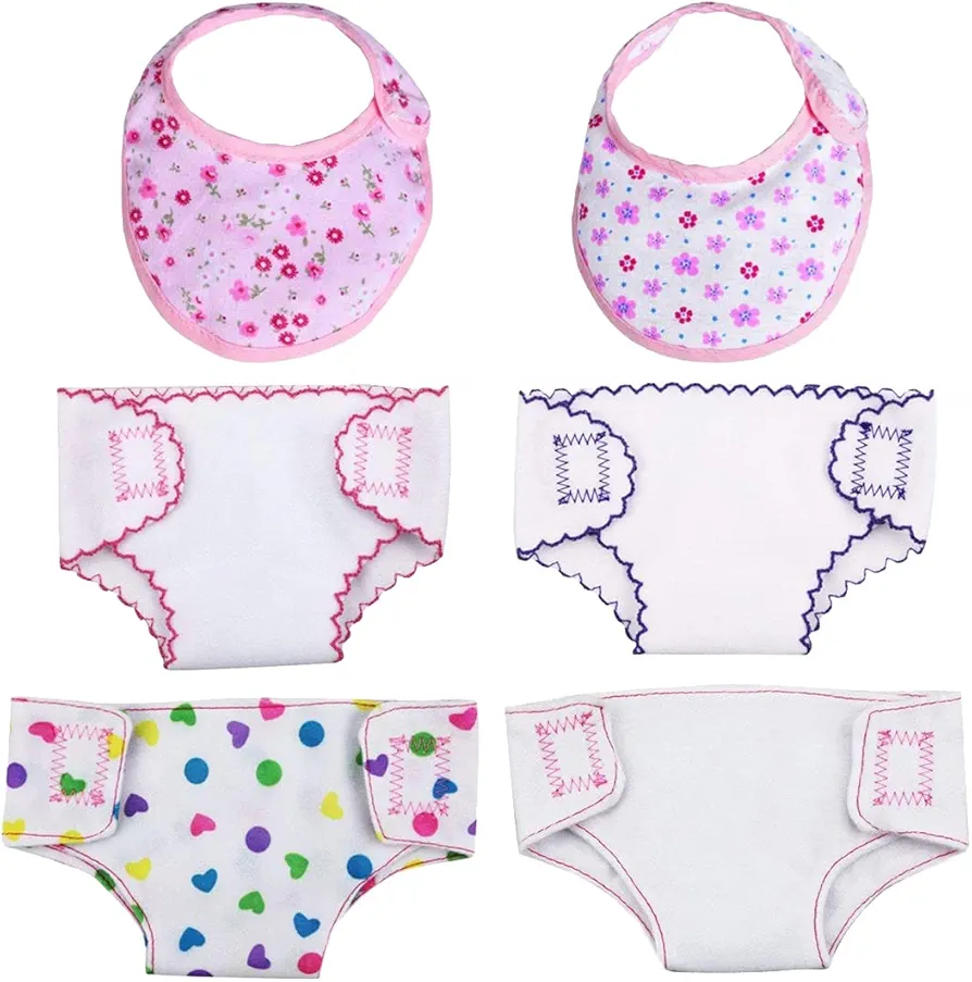 4 Pcs Doll Diapers Doll Underwear and 2 Pcs Doll Bibs for 14-18 Inch Baby Dolls, Suitable for Infant Baby Doll Girls Boys