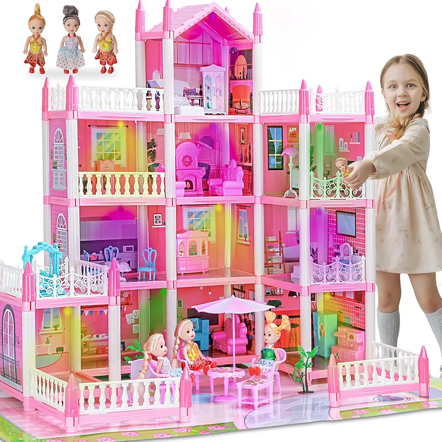 4 Stories Dollhouse for Girls, DIY Doll House Accessories Playhouse with Furniture and 11 Rooms, Pretend Play Dreamhouse with Lights for Kids, Portable Building Dolls Playset Toys Kit Gift for Ages 6+