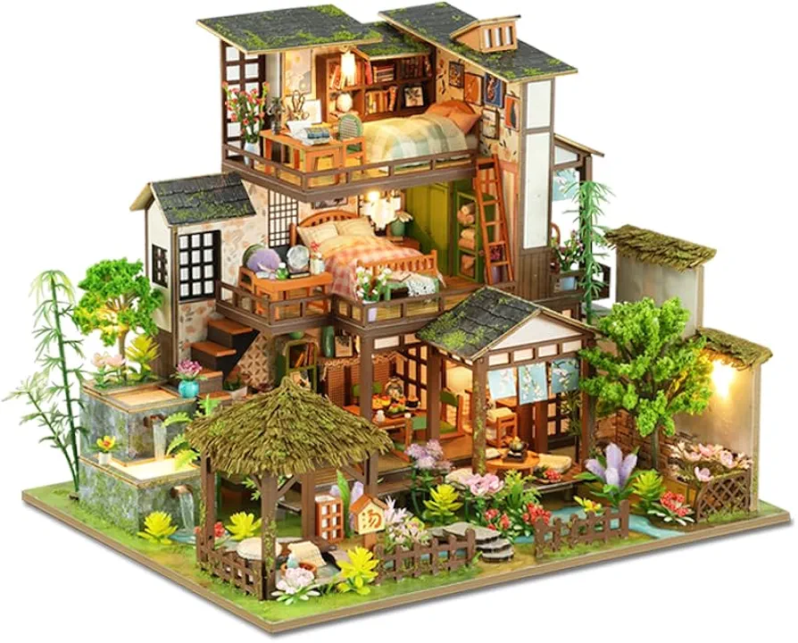 DIY Miniature Dollhouse Kit, Wooden Tiny Doll House Kit with Furniture, Creative Handmade Woodcrafts Toy for Teens Adults, Perfect Birthday, Bamboo Spring Courtyard