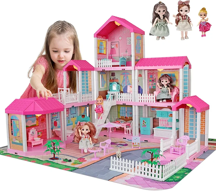 Mini Tudou Doll House Dreamhouse for Girls, Dollhouse with Lights, Play Mat and Dolls,DIY Building Pretend Play House with Accessories Furniture and Household Items,Playhouse for Girls 3-12 (9 Rooms)