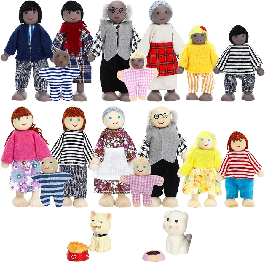 ONEST 20 Pieces Wooden Dollhouse Family Set Mini People Figures Dog Cat Sets Dollhouse Dolls Wooden Doll Family Pretend Play Figures Accessories for Pretend Dollhouse Toy