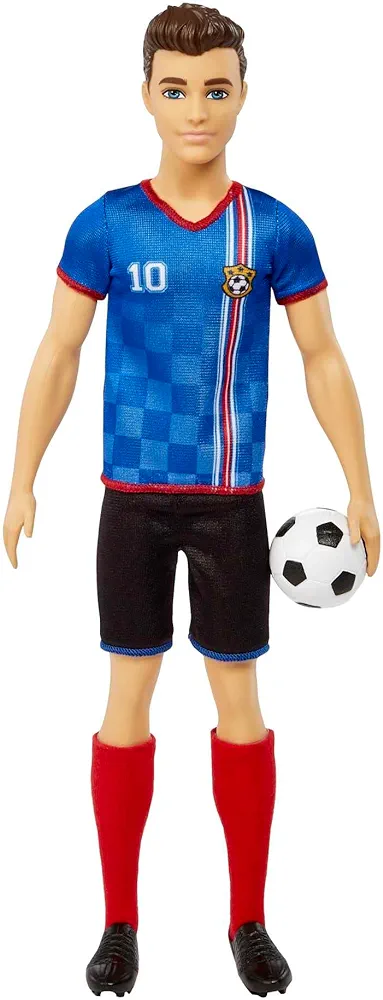 Barbie Careers Ken Fashion Doll & Accessory, Soccer Player with Cropped Hair, 10 Uniform, Tall Socks, Cleats & Soccer Ball