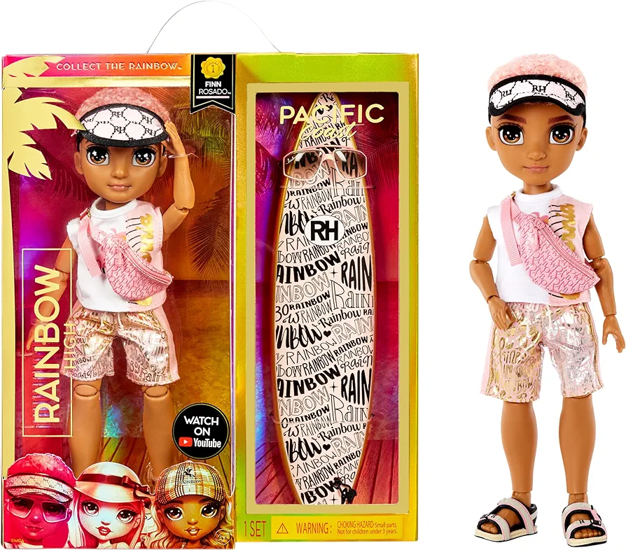 Rainbow High Pacific Coast Finn Rosado- Rose Gold Boy Fashion Doll with Pool Accessories playset, and Surfboard. Great Gift for Kids 6-12 Years Old