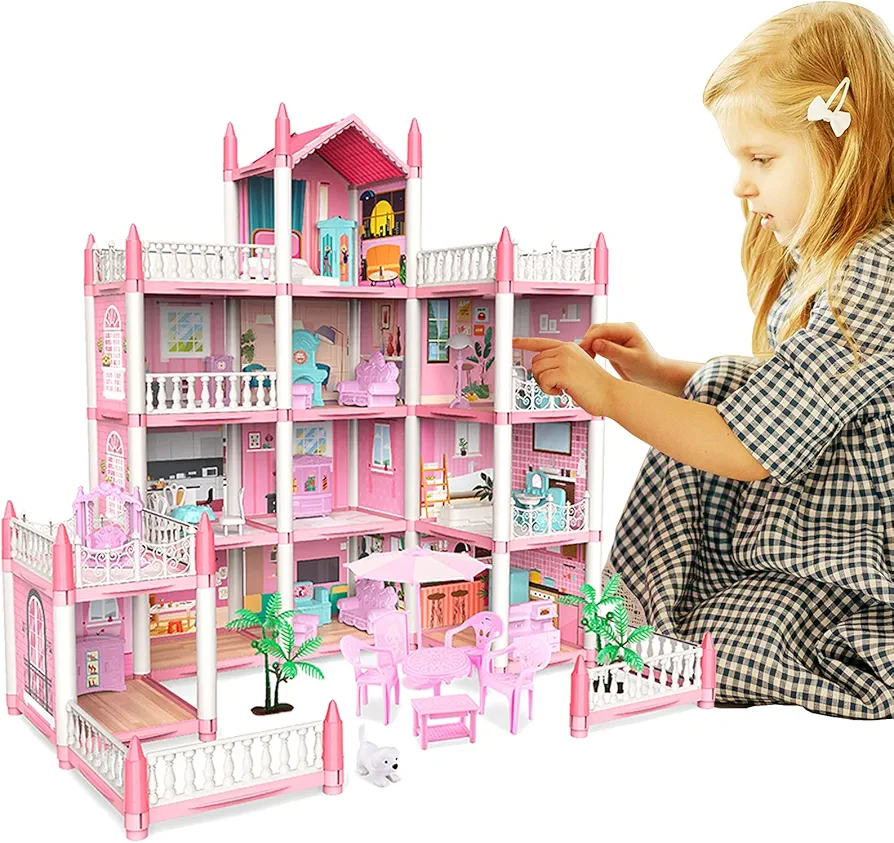 Doll House Set with 11 Rooms and Furniture Accessories, Pink Play Dream House for Girls, DIY Building Pretend Play Doll House Gift Toy for Kids.