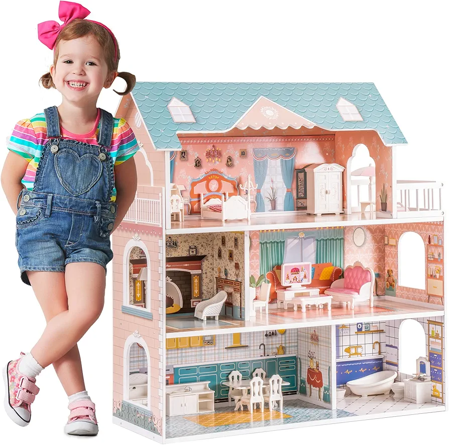 ROBOTIME Doll House Wooden Dollhouse for Kids 3 4 5 6 Years Old, Doll House w/28PCS Furniture Plastic, for 3.3”Dolls, Birthday Presents for Toddler 3+