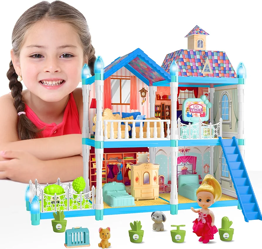 Doll House for Girls,4 Rooms Dollhouse with Dolls Figure, Puppies,Furnitures, Accessories, LED Light, Toddler Playhouse Gift for for 3 4 5 6 7 8 9 10 Year Old Girls Toys (Blue)