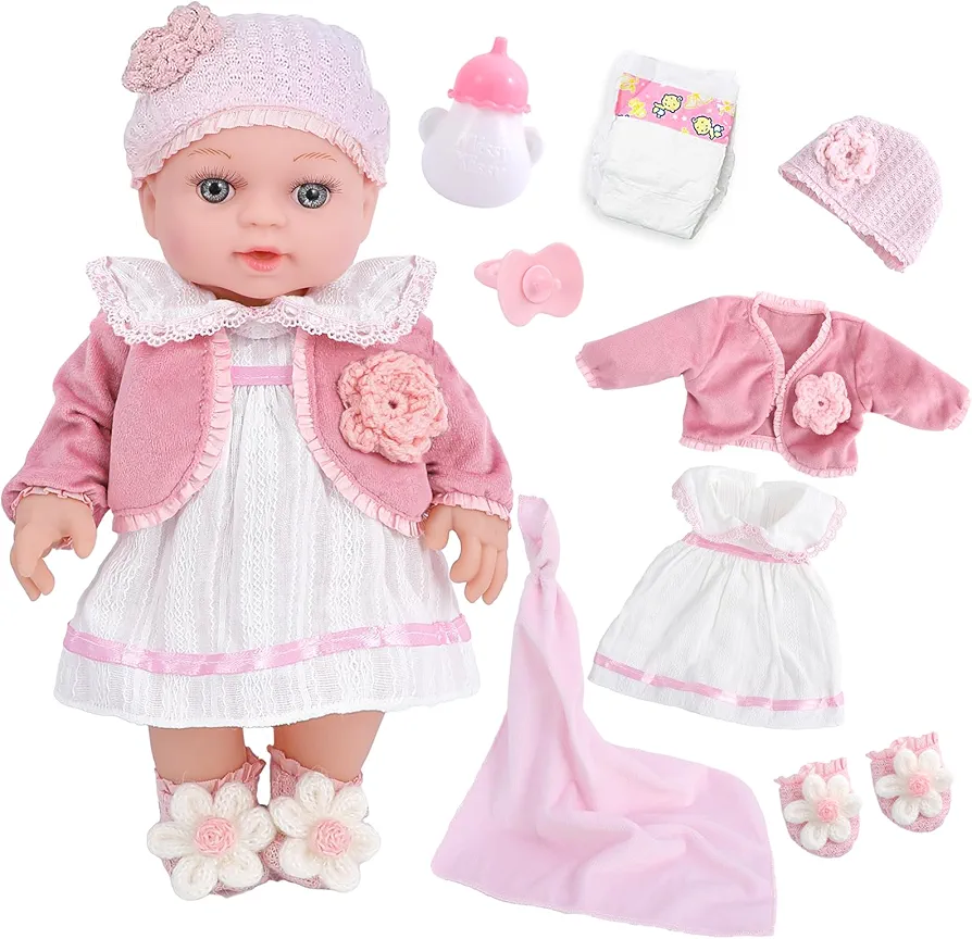 12" Girl Baby Dolls Playset Adoption Realistic Soft Baby Doll with Clothes Accessories Include Outfits,Pacifier,Disposable Diaper,Blanket,Feeding Bottle Toy Stuff for Toddler 3 Ages and Up