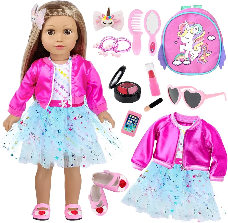 American 18 Inch Doll Clothes and Makeup Accessories Set Includes 18 Inch Doll Clothes Backpack Sunglasses Phone Shoes Comb Mirror Eye Shadow Lipstick Hair Clip Hair Tie for 18 Inch Doll