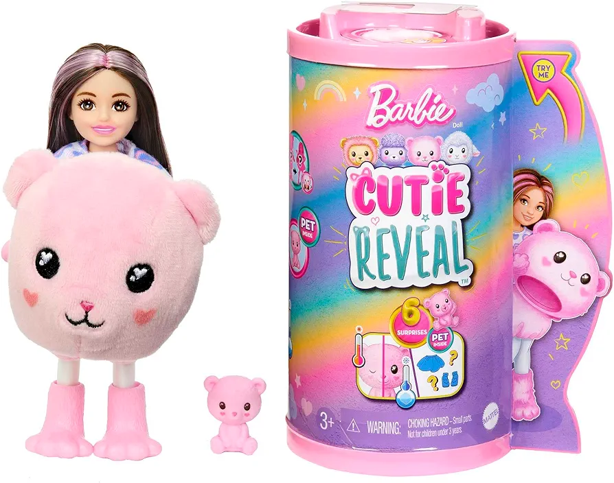 Barbie Chelsea Cutie Reveal Small Doll & Accessories, Brunette with Teddy Bear Costume, 6 Surprises (Styles May Vary)