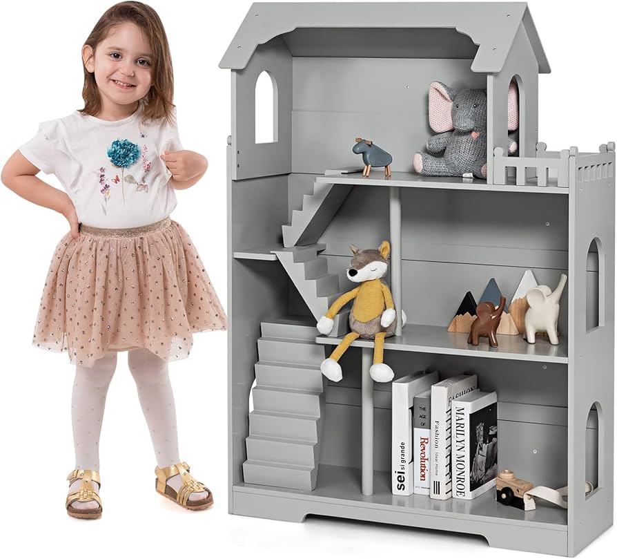 Costzon Kids Wooden Dollhouse Bookshelf, 3 Story Cottage Toy with Anti-Tip Design & Storage Space, 2 in 1 Pretend Doll House Playset for Kids Room,Playroom Nursery Gift for Girls Boys Age 3+ (Gray)