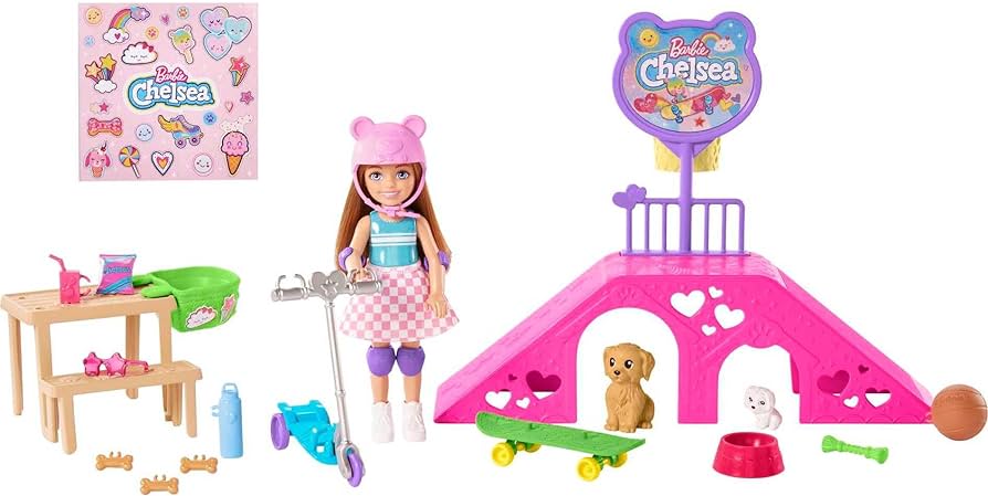 Barbie Chelsea Doll & Skate Park Playset with 2 Puppies, Skate Ramp, Scooter & 15+ Accessories, Brunette Small Doll with Blue Eyes