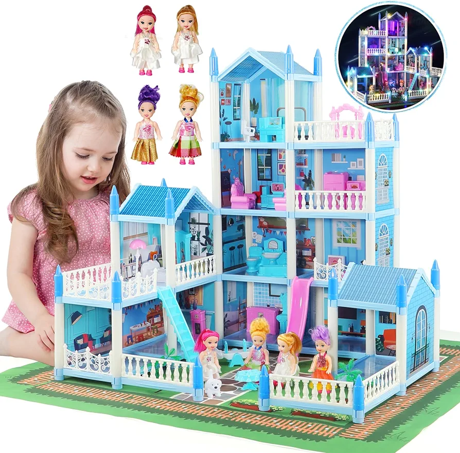 Doll House for 3 4 5 6 7 8 Year Old - 4 Dollhouse Dolls, LED Light, Play Mat Princess Dream House Toys with 4 Doll & Doll Furnitures, DIY Dollhouse with Light Strip