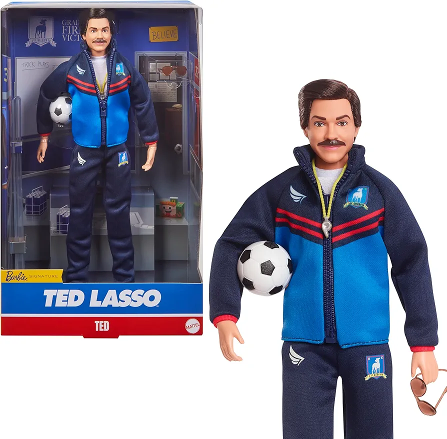 Barbie Signature Fashion Doll, Ted Lasso Wearing Blue Tracksuit with AFC Richmond Logo, Collectible in Displayable Packaging