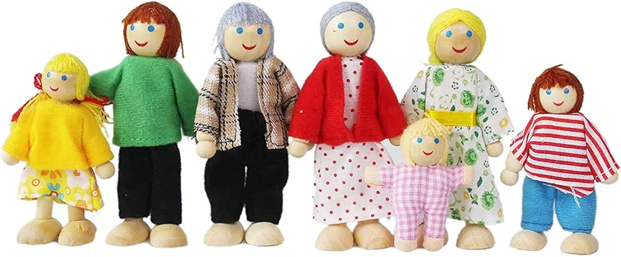 Wooden Doll House People, 7 Family Figures Miniature Doll House, Wooden Doll House Family Dress-Up Characters Grandpa, Grandma, Mom, Dad, Boy and Girl