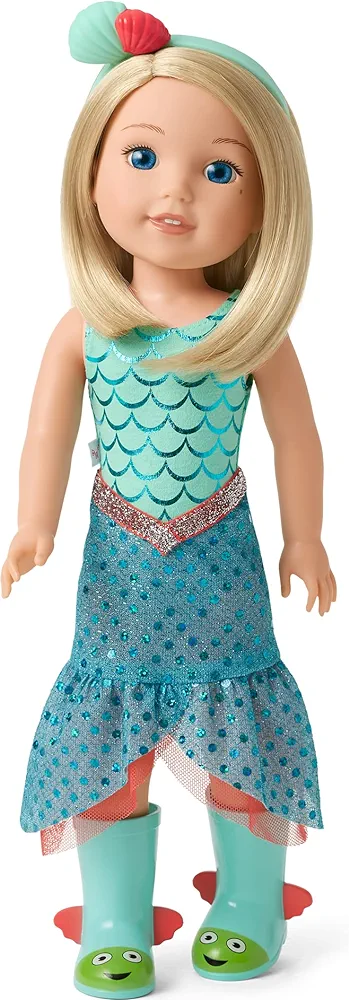 American Girl WellieWishers 14.5-inch Camille Doll with Blue Leotard, Mermaid Skirt, Headband, and Boots, For Ages 4+