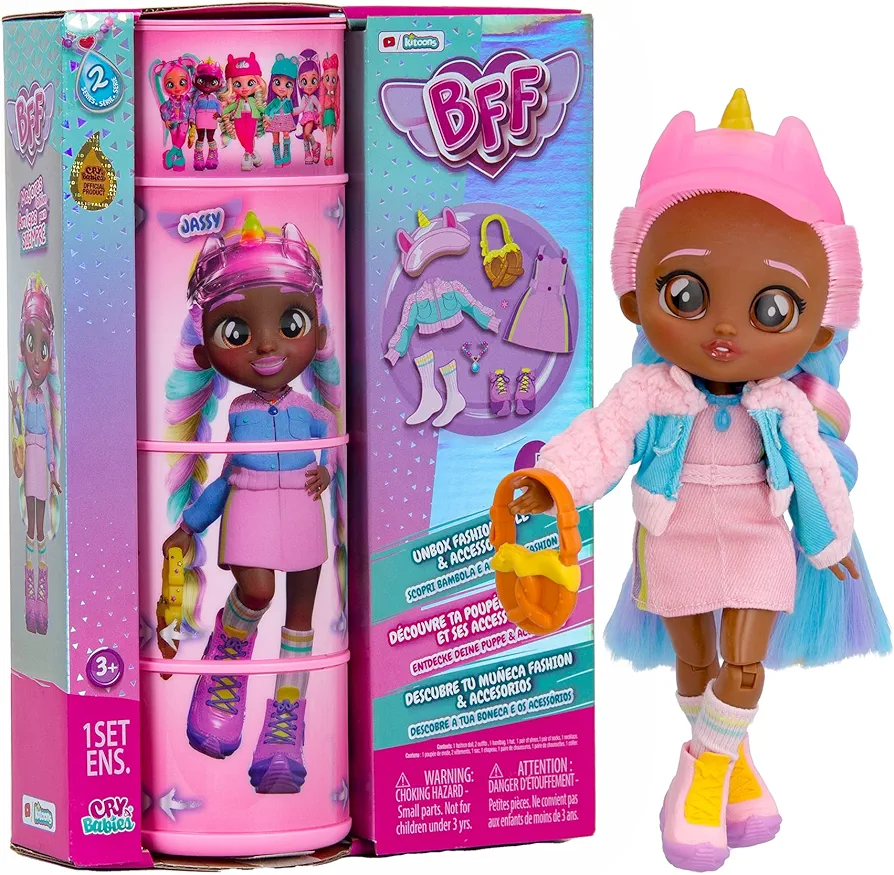 Cry Babies BFF Jassy Fashion Doll with 9+ Surprises Including Outfit and Accessories for Fashion Toy, Girls and Boys Ages 4 and Up, 7.8 Inch Doll, Multicolor