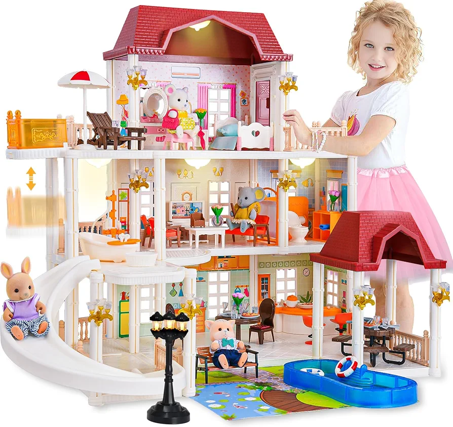 Big Doll House for Girls Toddler Toys with 4 Doll Toy Figure, Pool Slide, Elevator, Furniture, Pretend Play Dream Dollhouse Playset with Lights Gifts for Kids Girls Age 3 4 5 6-12 Year Old