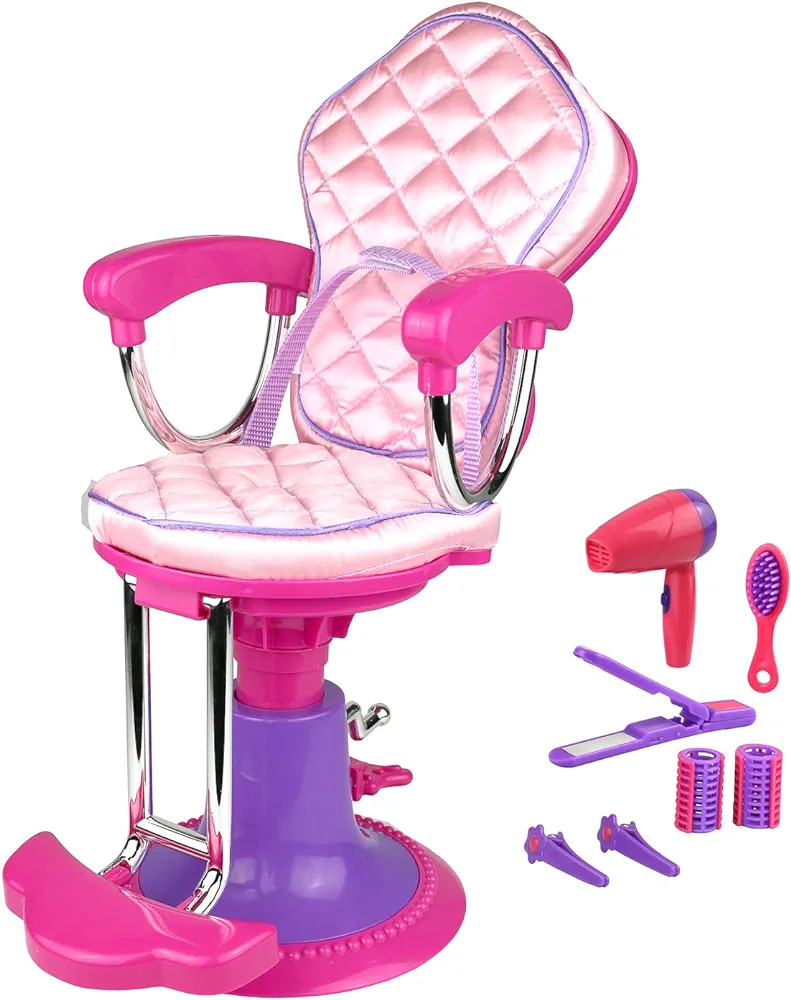 Pretend Play Hair Salon Toy for Girls, Click N' Play Doll Salon Chair with 8 Doll Accessories - Hair Salon Toys for Girls: Chair, Hair Brush, 2 Hair Clips, 2 Curlers, Girl Gift Ages 3+, Pink & Purple