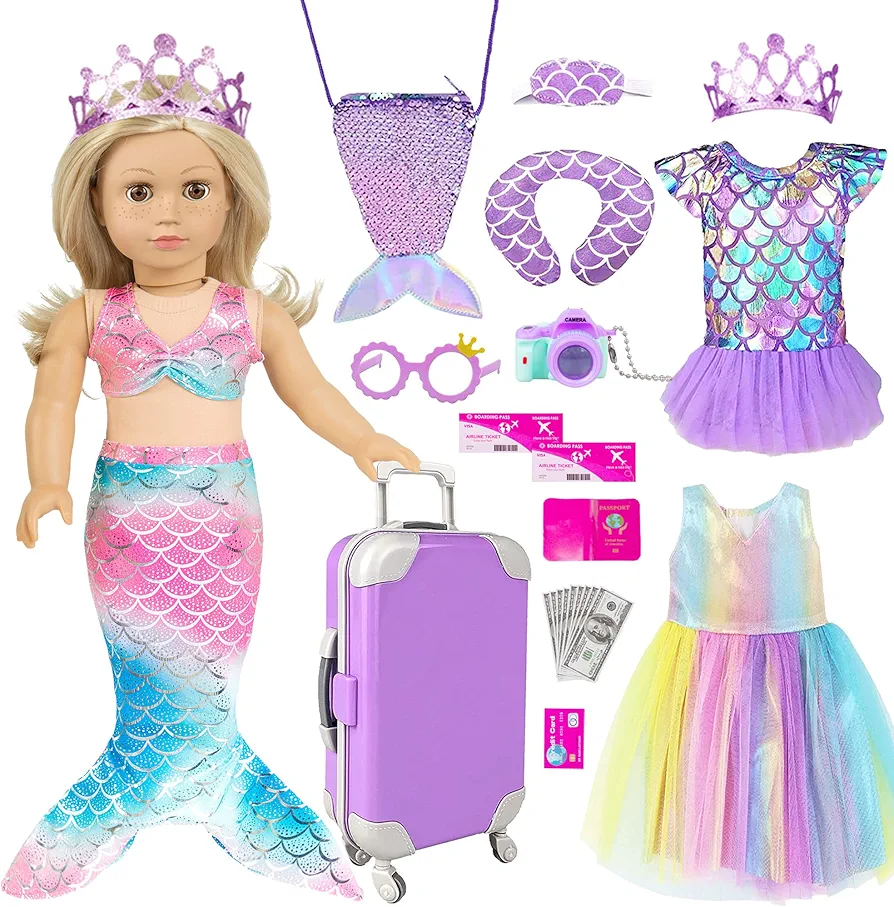 Mermaid 18 inch Doll Clothes and Doll Accessories Case Luggage Travel Play Set Include Suitcase, Dresses, Bag, Camera, Glasses, Pillow, Eyeshade Etc (No Doll)