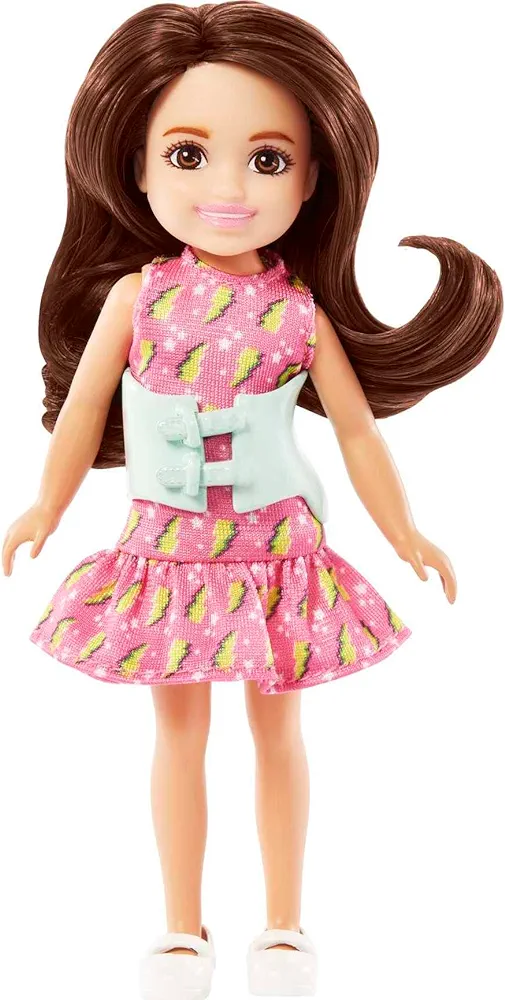 Barbie Chelsea Doll, Small Doll with Brace for Scoliosis Spine Curvature, Brunette Wearing Pink Lightning Bolt Dress