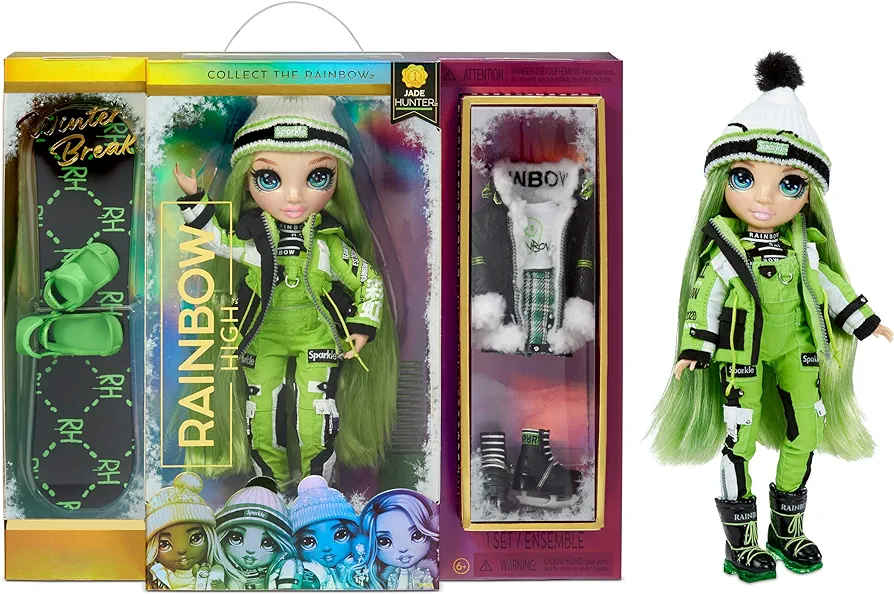 Rainbow High Winter Break Jade Hunter – Green Fashion Doll and Playset with 2 Designer Outfits, Snowboard and Accessories, Kids and Collectors, Toy Gift Ages 6 7 8+ to 12