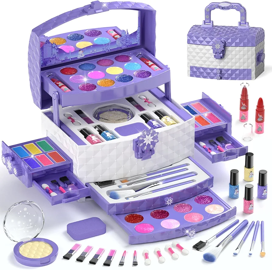 PERRYHOME Kids Makeup Set for Girl 56 Pcs Washable Real Cosmetic, Safe & Non-Toxic Frozen Toys Toddler Makeup Kit, Frozen Princess Dress up Game Christmas & Birthday Girl Gift for 3-12 (Frozen Purple)