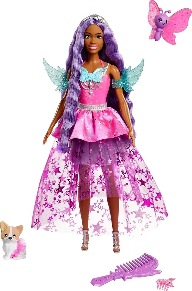 Barbie A Touch of Magic Fashion Doll, Brooklyn with Wing-Detailed Dress, 7-inch Long Colorful Hair, 2 Fantasy Pets & Accessories