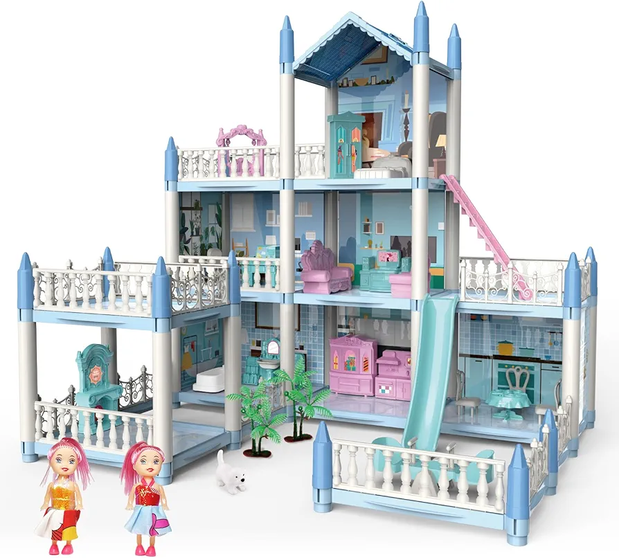 Dollhouse for Kids, Girls Doll DIY House Princess Dreamhouse with 2 Dolls and Furniture Accessories, Play House Gifts with Light Strip, Doll House for Girl (20.5'' x 16'' x 18.7'')