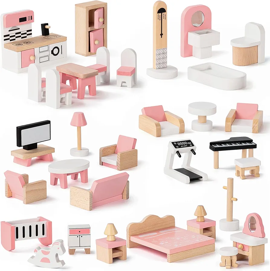 Atoylink Wooden Dollhouse Furniture Set, 34 Pcs Miniature Doll House Accessories Bedroom/Bathroom/Kitchen/Living Room/Dining Room/Piano Pretend Play Furniture Toys for Kids Boys Girls Age 3+