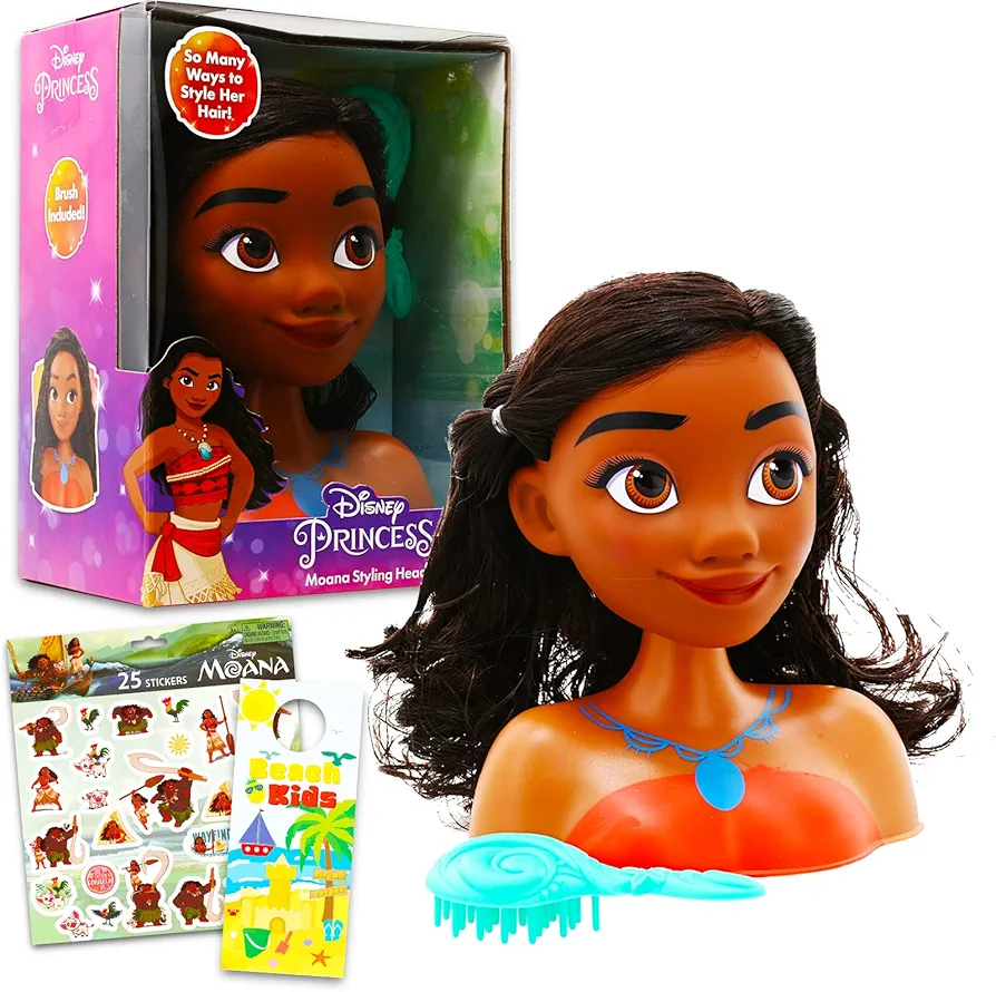 Disney Princess Moana Styling Head Doll for Girls - Bundle with 6" Moana Pretend Play Head with Brush Plus Stickers, More | Moana Hair Styling Head