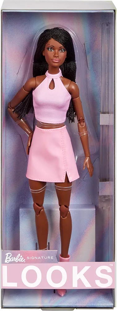 Barbie Looks Doll, Collectible No. 21 with Black Braids & Modern Y2K Fashion, Pink Halter Top & Faux-Leather Skirt with Ankle Boots