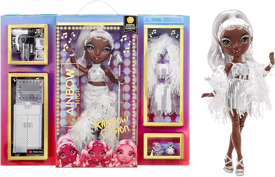 Rainbow High Rainbow Vision Rainbow Divas- Ayesha Sterling (Silver) Posable Fashion Doll with 2 Designer Outfits to Mix & Match + Vanity Playset, Great Toy Gift for Kids 6-12 Years Old & Collectors