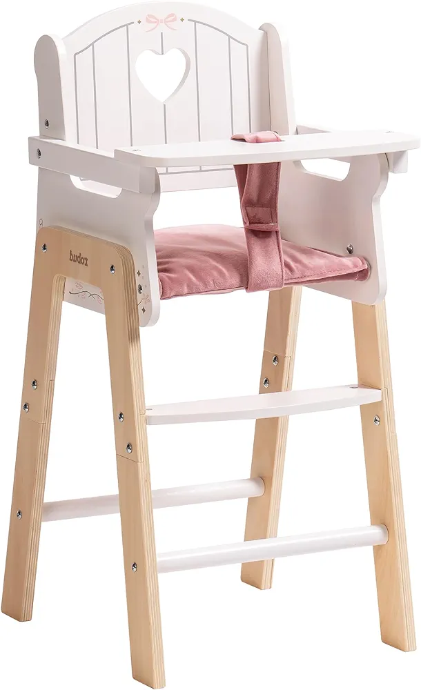 ROBUD Play High Chair, Pretend Play High Chair with Cushion, Movable Table, Wooden Baby Doll Accessories, Fits 18-20 Inch Dolls, White