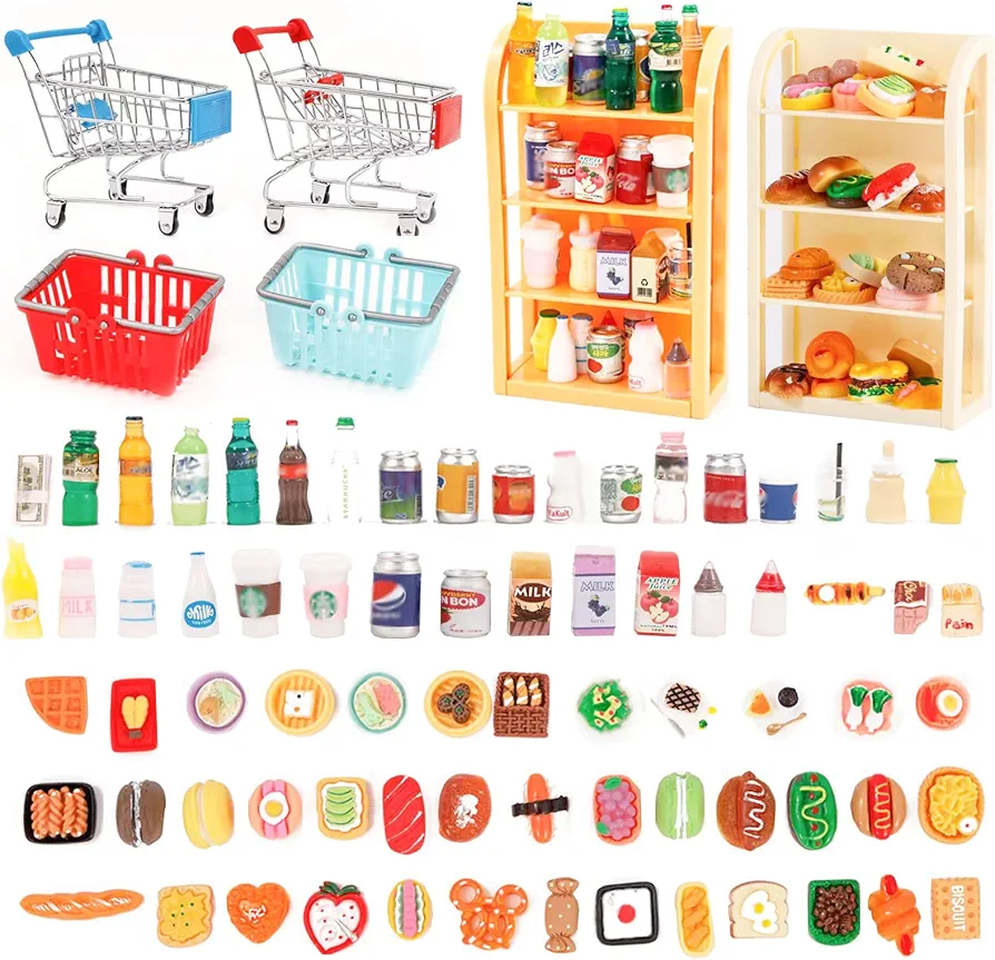 136 pcs Mini Shopping Cart Basket Miniature Food Drink Bottle Supermarket Metal Handcart Toy Doll House Store Cosplay Game Dollhouse Grocery Fruit Cake Bread Trolley Model Dollar Bills Small Shelves