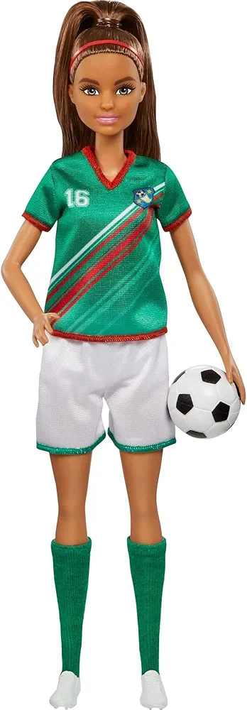 Barbie Careers Fashion Doll & Accessory, Soccer Player with Brunette Ponytail, #16 Uniform, Tall Socks, Cleats & Soccer Ball