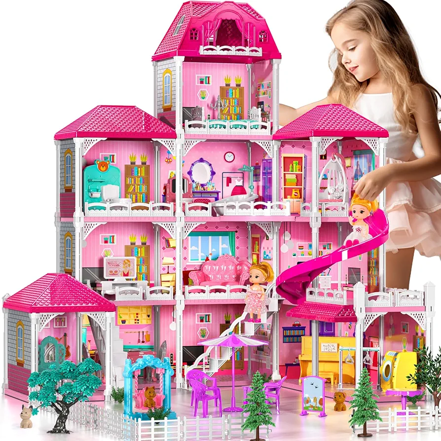 TEMI Doll House Girls Toys - 4-Story 12 Rooms Playhouse with 2 Dolls Toy Figures, Fully Furnished Fashion Dollhouse, Pretend Playhouse with Accessories, Gift Toy for Kids Ages 3 4 5 6 7 8+